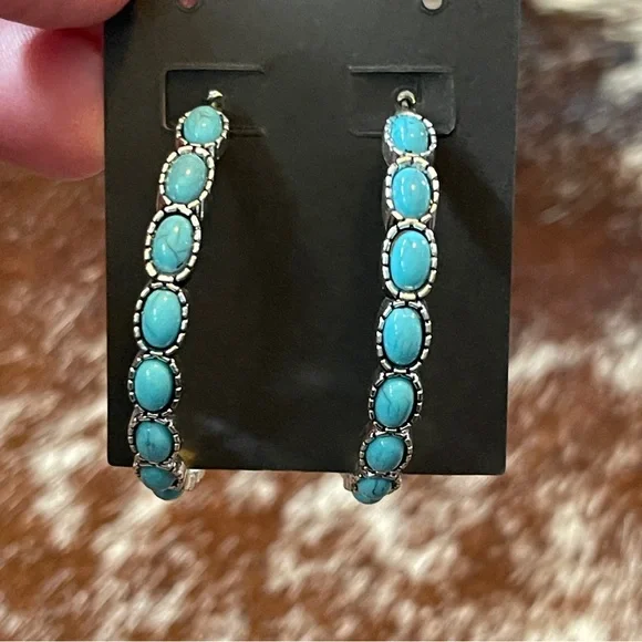 Turquoise‎ & Silver Large Hoop Earrings with Long Post for Western and Boho - Picture 3 of 9